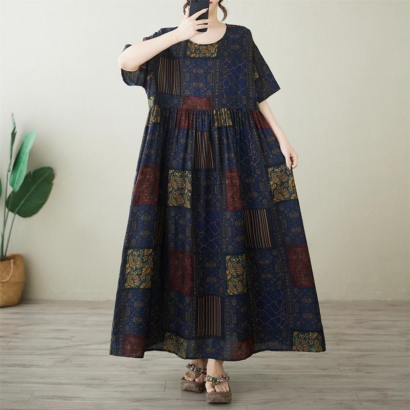 Kortärmad Plus size bomull vintage blommig ny i klänningar för kvinnor avslappnad lös lång sommarklänning