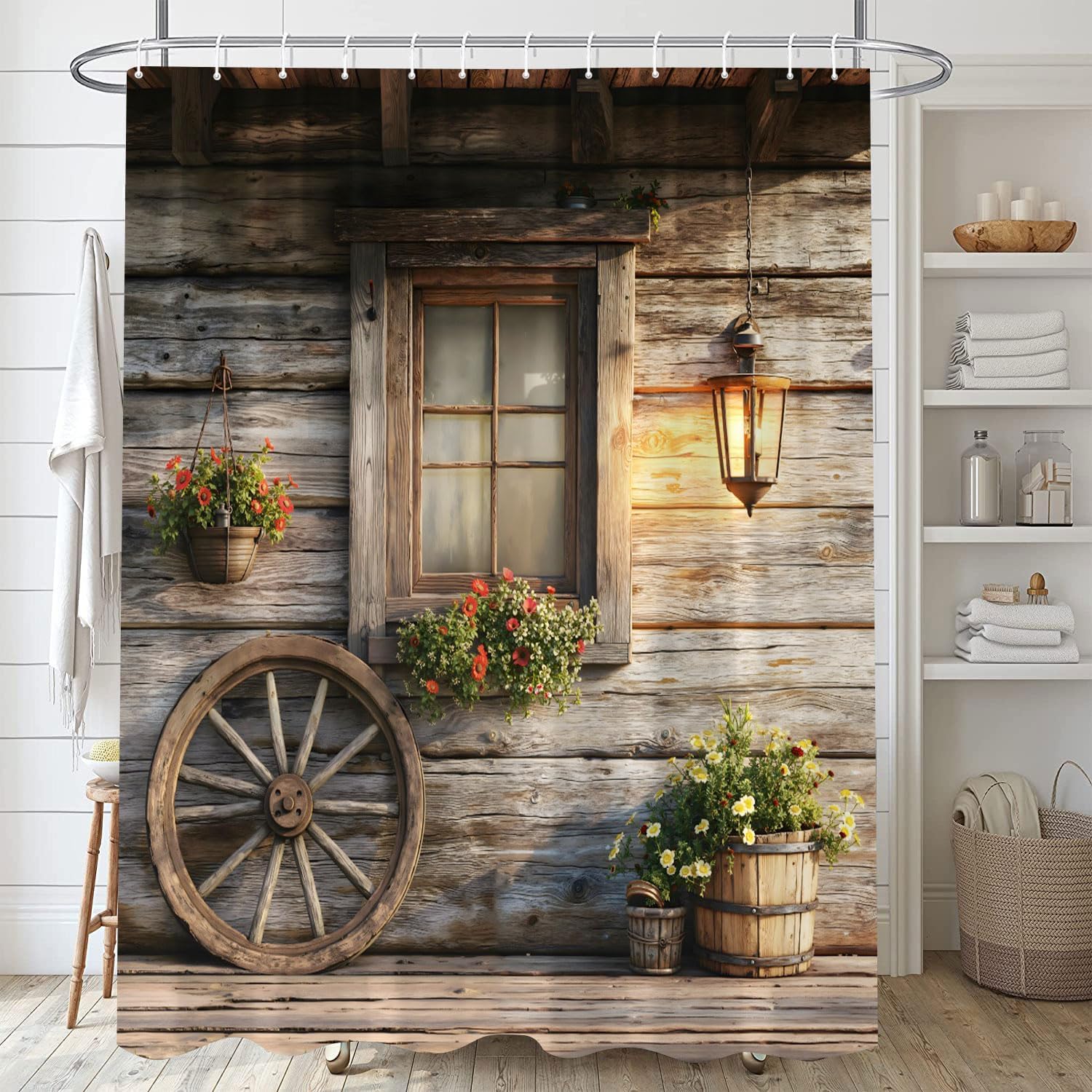 Jessica Chen Brown Rustic Barn Shower Curtain Farmhouse Wood Wooden Wheel Floral Lantern Country Western Vintage Rural Wildflower Bathroom