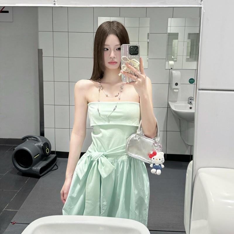 

Summer new French mint green tube top dress children s seaside vacation style waist off-the-shoulder dress S