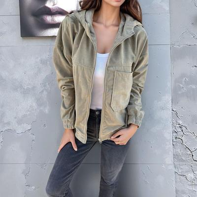 Jaqueta com Capuz de Veludo Cotelê Feminina 2025 - Roupa Exterior Casual para Primavera/Outono com Bolsos e Zíper