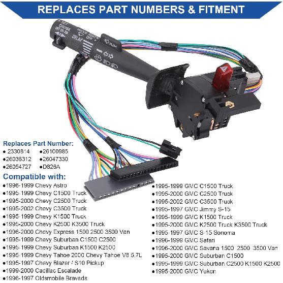 Obaee Multi-Function Combination Switch With Turn Signal, Wiper, Hazard, Cruise Control Compatible With 1995-2002 Chevy Tahoe S10 GMC C1500 K1500