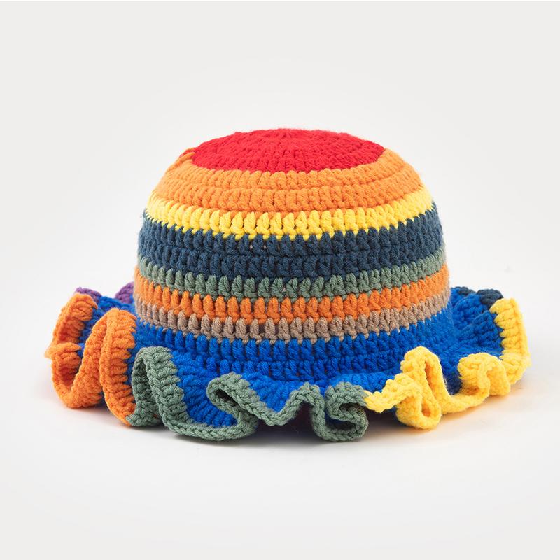 New Colorful Crochet Ruffle Brim Knit Bucket Hats Winter Woman Handmade Stretch Fisherman Cap Outdoor Warm Windproof Beanie Hat
