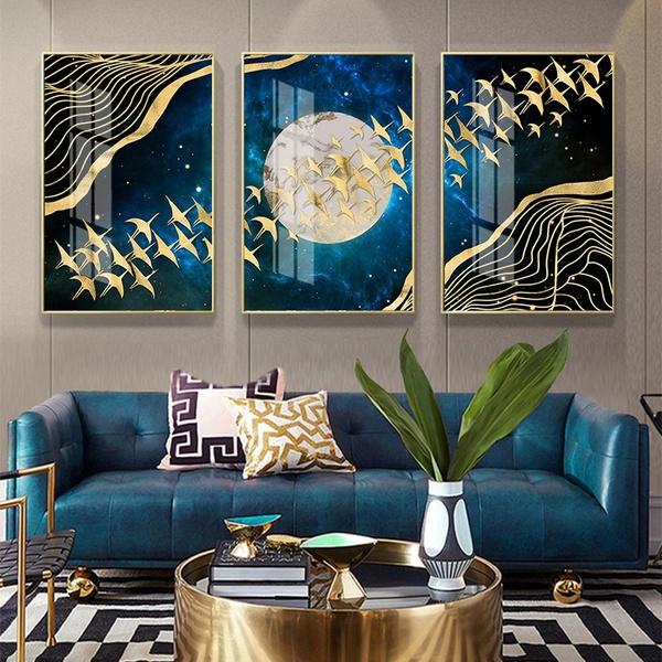 Unframed Abstract Golden Moon Canvas Art Painting Mountain Birds Nordic Posters and Prints Wall Pictures for Living Room Bedroom Home Decor