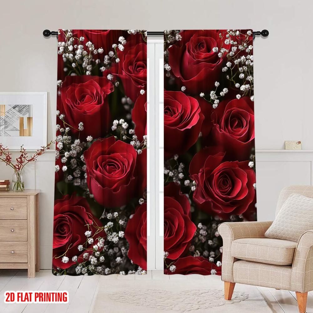 2 Stück Vorhänge Rote Rose1 Vielseitiges Polyester, Ohne Strom Familienfeier Perfekt für Schlafzimmer Büro Wohnzimmer Heimdeko
