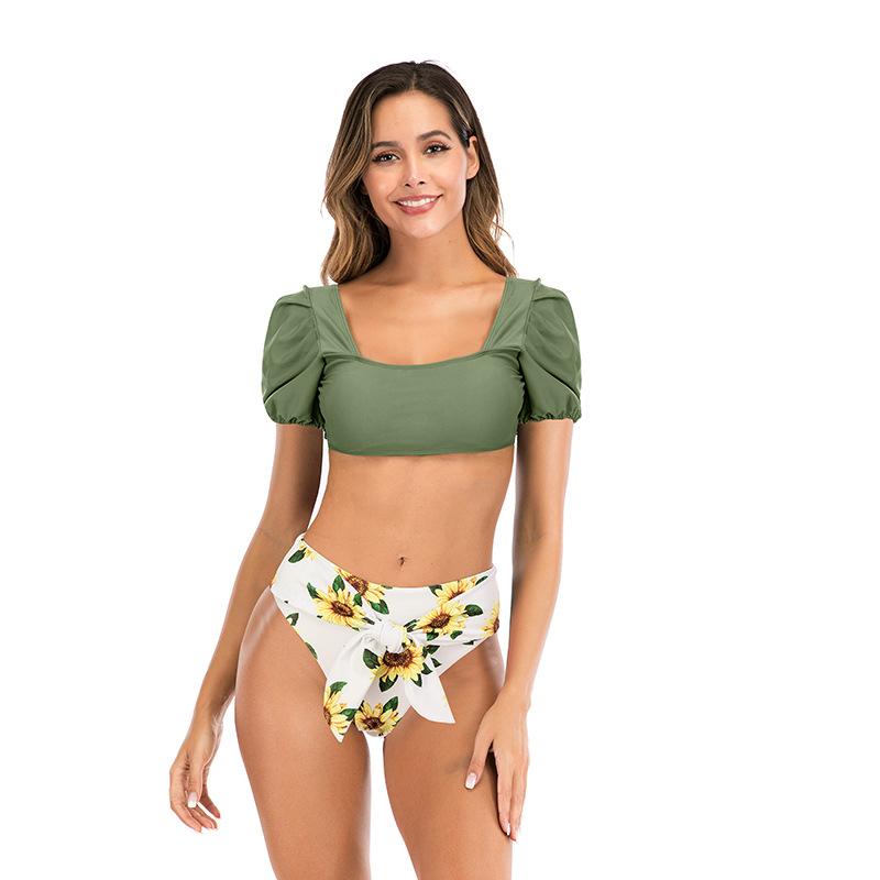

Swimsuit female split sexy bubble sleeves solid color bikini L