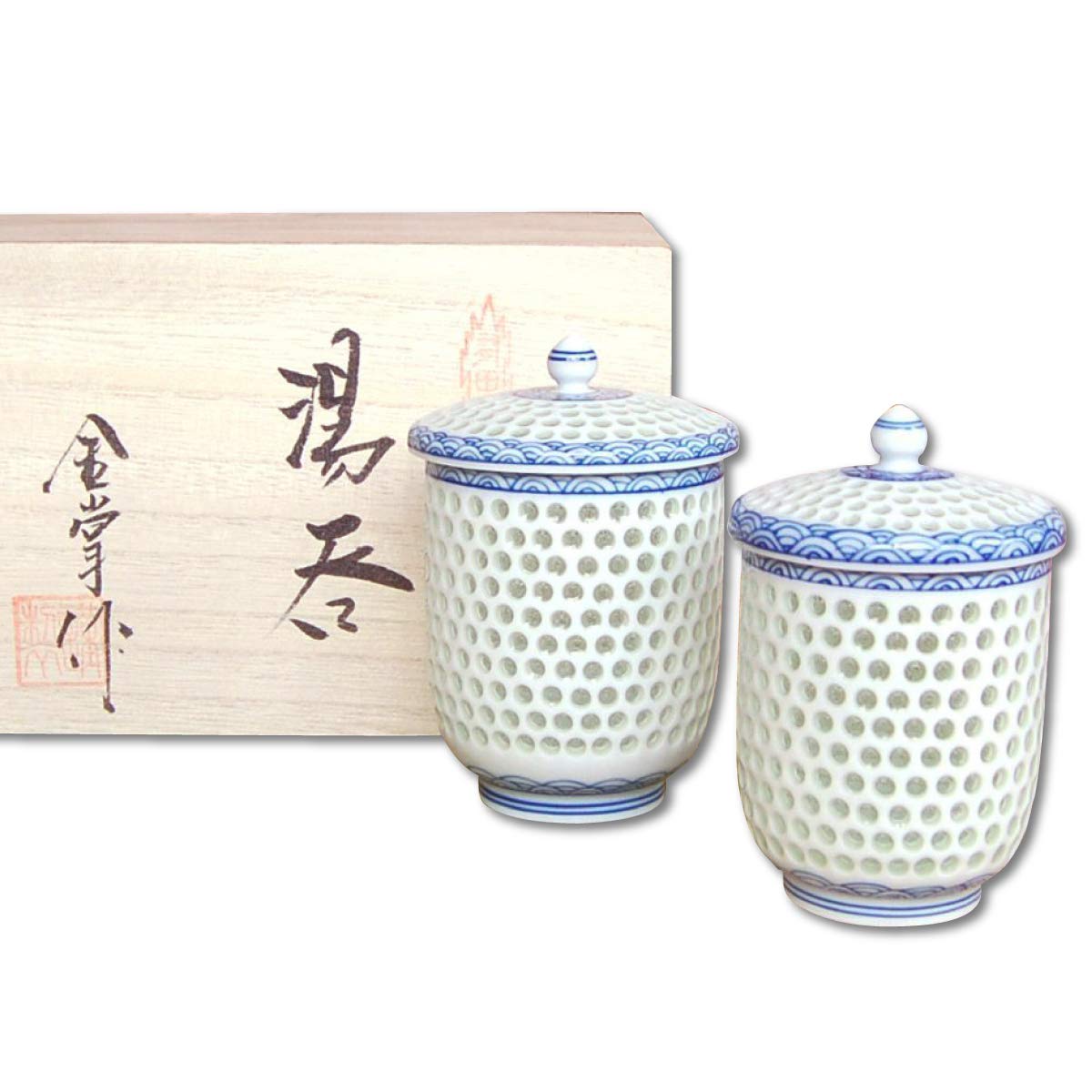 

Hot water cup set with Arita Hasami openwork crystal carving Seikai pair Yumi tea wooden box lid, couple s teacup, stylish, ware, ware, carving, wave,