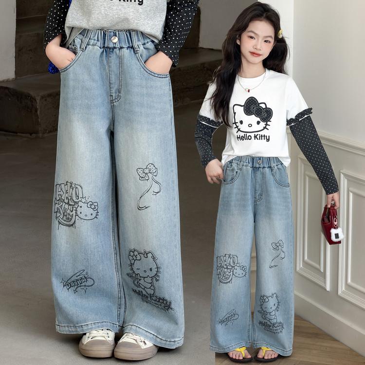 Girls' Retro Blue Graffiti Wide-Leg Jeans: Hand-Painted Loose-Fit Casual Pants