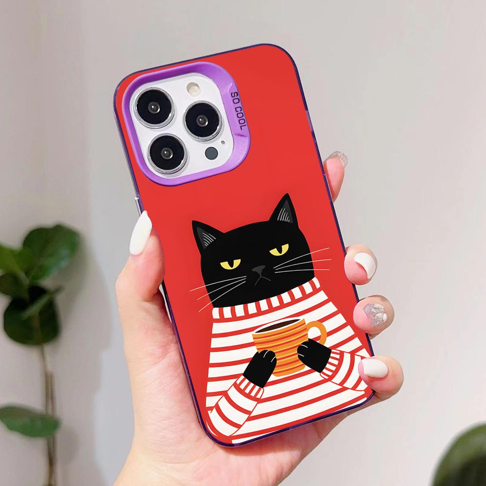 Cute Coffee Cat Purple Translucent Mobile Phone Case for iPhone 17 16 15 14 13 12 11 X XR XS Air Pro Max Plus Colorful Cover