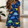 Women Oversized V Neck Short Sleeve Dress Retro Leaf Printed Flowy Dress For Countryside Trip And Everyday Wear