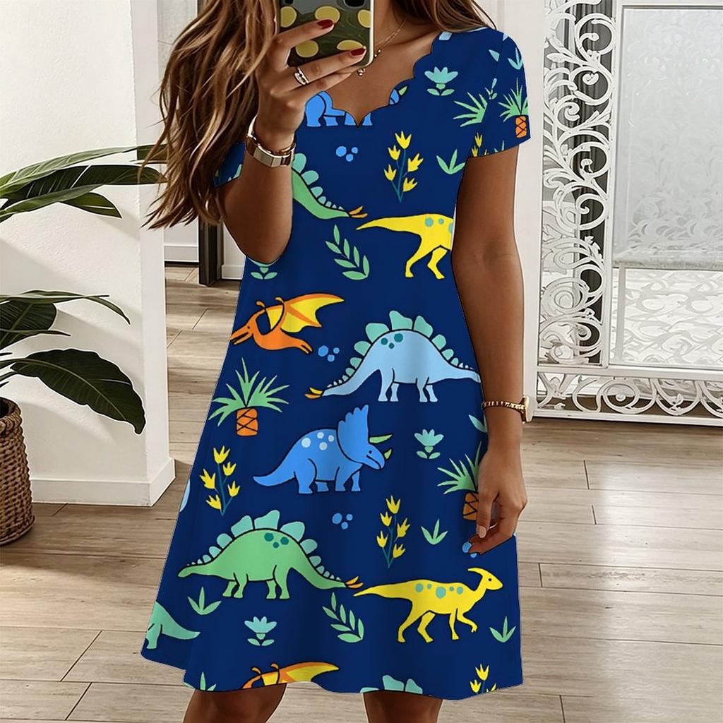 Women Oversized V Neck Short Sleeve Dress Retro Leaf Printed Flowy Dress For Countryside Trip And Everyday Wear