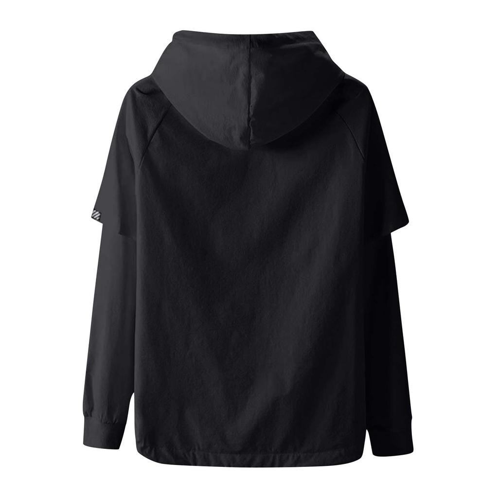 Men's Casual Sports Loose Fake Two Piece Clothing Long Sleeved Hooded Pullover Sweatshirt