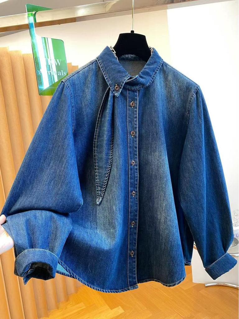Korean Women's Loose Fit Blue Denim Long-Sleeve Shirt - Early Spring 2026