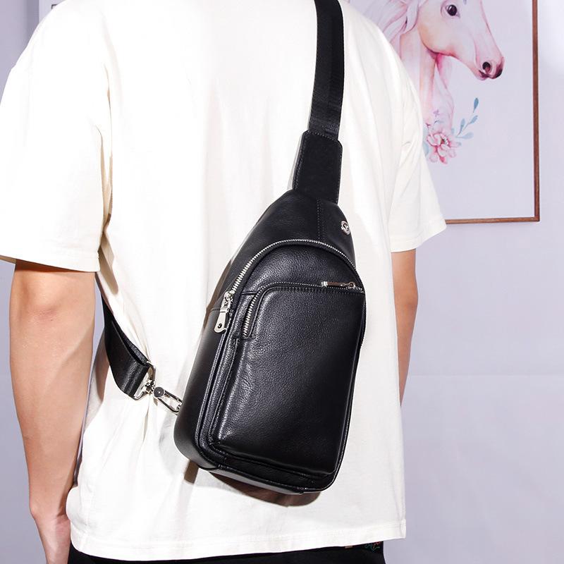 Men's Leather Backpack, Sports Shoulder Bag, Crossbody Bag, Outdoor Top Layer Cowhide Chest Bag, Men's Large Capacity Waterproof Bag