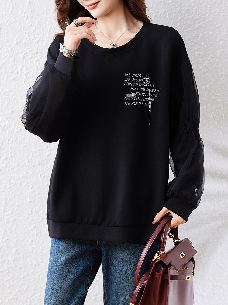 

Женский свитшот пэчворк с термоаппликацией, весна 2025 - Длинный рукав, Большой размер, Европейская мода M чёрный