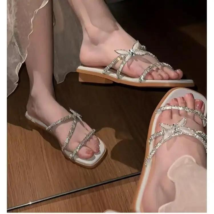Glitter Slides Sløyfeknute Flatsko Dame Damesko Tøfler Slipers Kvinner Jelly Luksus Sommer 2025 Sløyfeknute