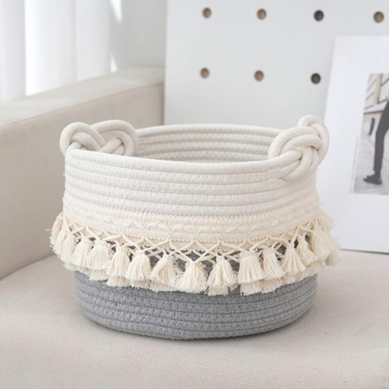 Stylish Cotton Rope Woven Storage Basket Contemporary Tassels Cotton Rope Basket Practical and Soft Storage Container