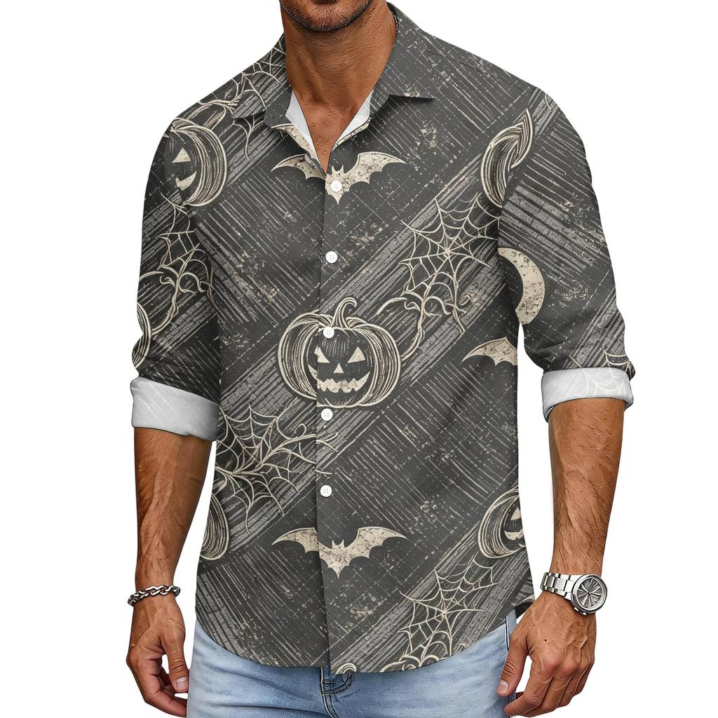 Men's Loose Fit Long Sleeve Shirt Halloween Pumpkin Print Casual Button Down Shirt Vintage Style Breathable Fabric Comfortable for Outdoor Workwear