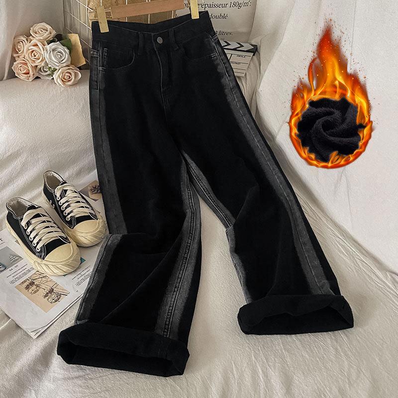 Women's Contrast Wide-Leg High-Waist Warm Jeans - Autumn/Winter Style with Velvet Lining and Slim Fit