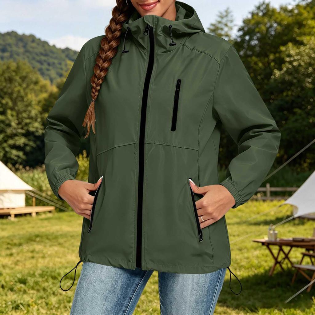 Women's Lightweight Casual Hooded Windbreaker Jacket Drawstring Waist Long Sleeve Zip Up Outerwear for Outdoor Activities