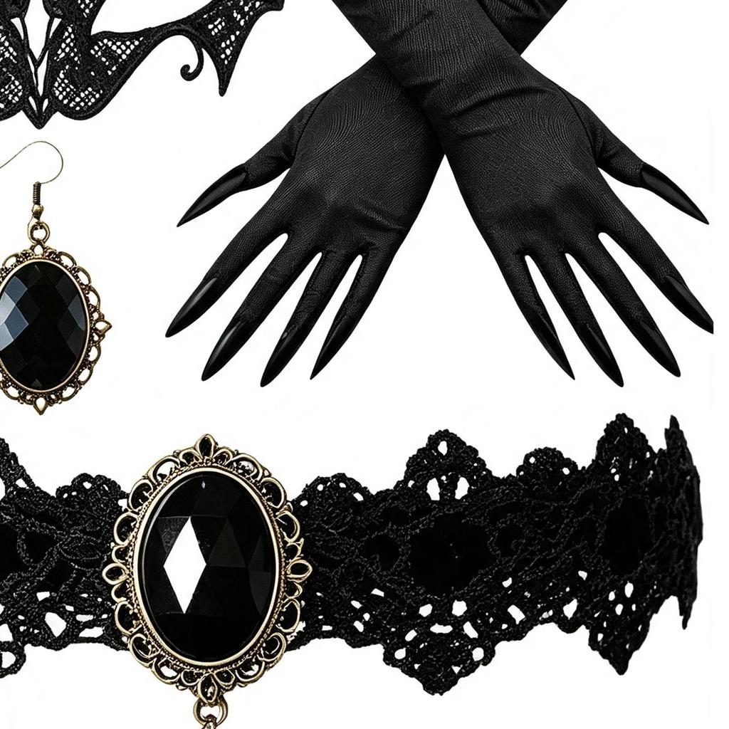 1Pcs Halloween Costume Accessories Cosplay Choker Necklace with Long Gloves Lace Bat Masque with Bracelet and Earrings