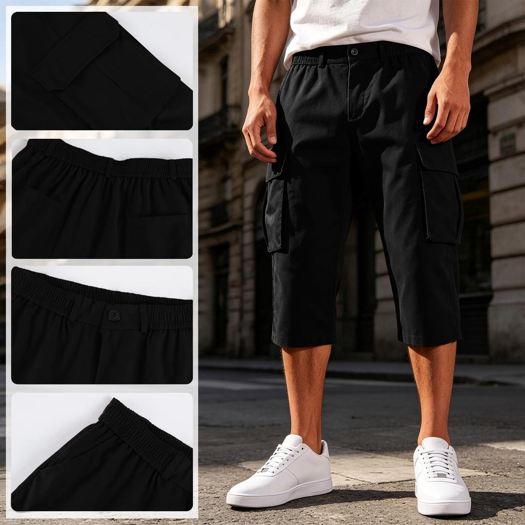 Heren Effen Kleur Knopen Elastische Taille Cargo Capri Broek met Zes Zakken Werkkleding Stijl Casual Pasvorm