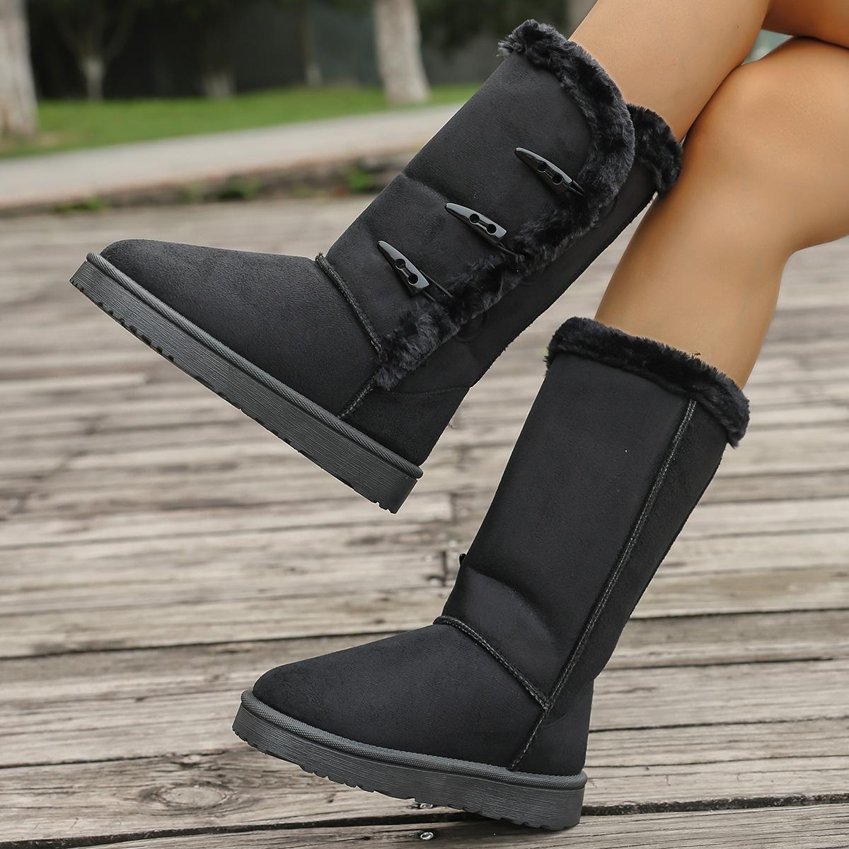 

Fashion New Style Popular Ladies Women s Snow Boots Classic Style with Fur Insulation and Horn Buttons High-calf Boots Zapatos Mujer 42 чёрный