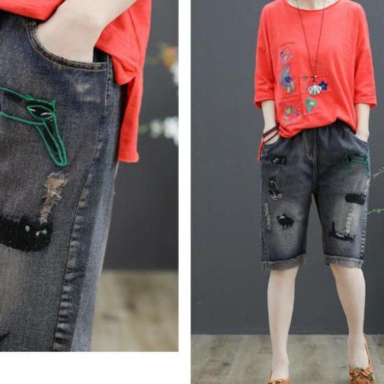 Haftowane spodenki jeansowe z elastyczną talią, damskie luźne spodnie z szerokimi nogawkami w dużych rozmiarach