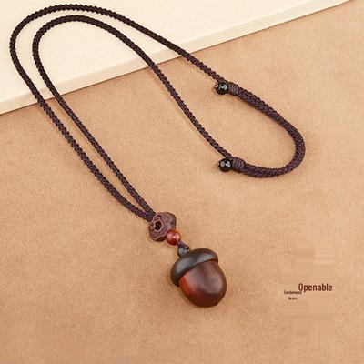 Ethnic Sandalwood Acorn Pendant Necklace with Hollow Long-Style GaU Box Design