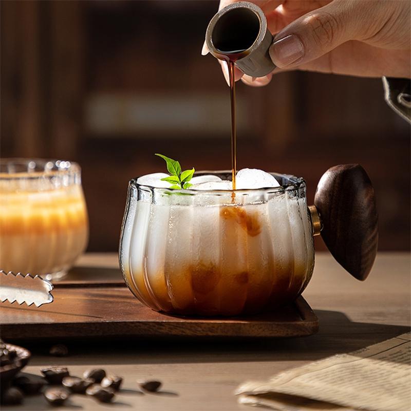 200ml Stripe Heat-resistant High Boron Silicon Glass Coffee Mug With Wooden Handle Ice American Latte Cup Breakfast Milk Tea Cup