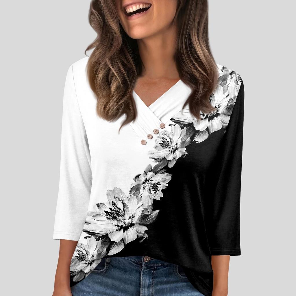 Women's T Shirt Tee Button  3/4 Sleeve Tunic Daily Weekend Fashion Basic V- Neck Regular Top