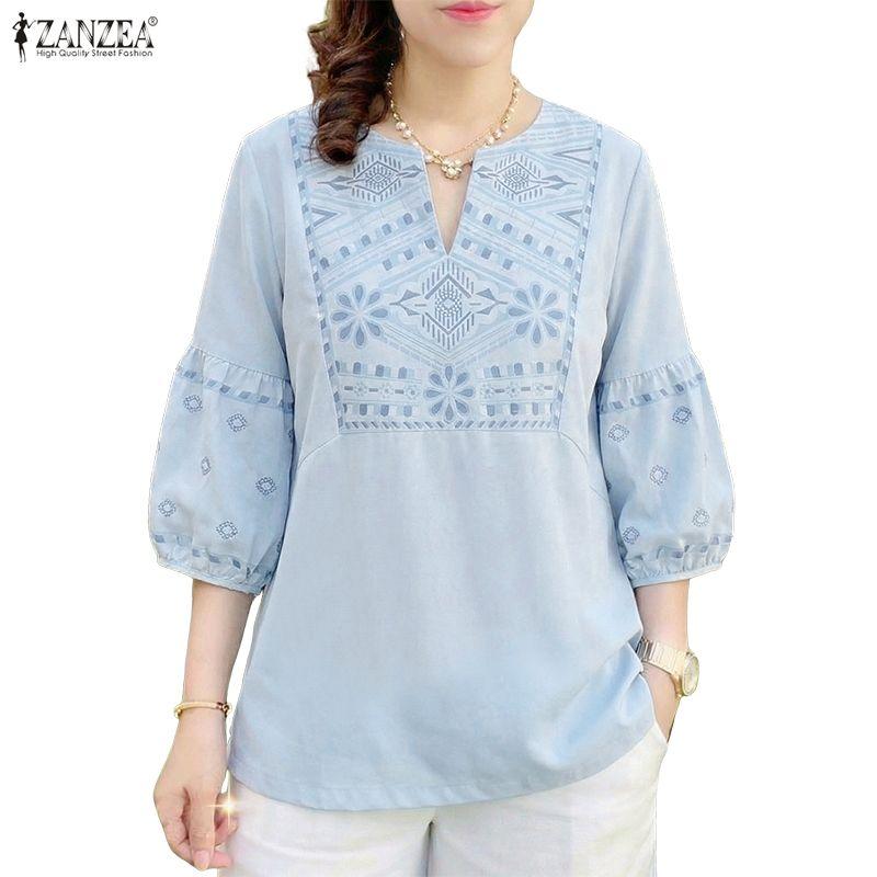 ZANZEA Womens Casual V-Neck 3/4 Sleeve Loose Print Blouse