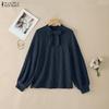 ZANZEA Autumn Women Bows Splice Crew Neck Long Sleeve Ribbed Texture Loose Blouse