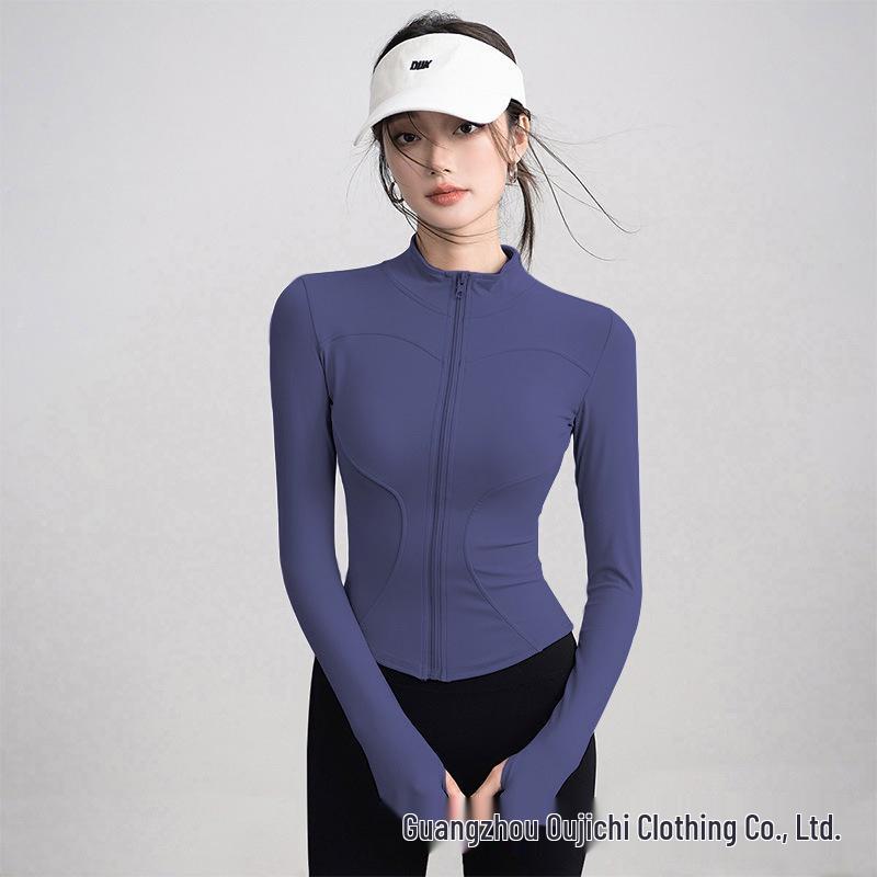 Women's Slim-Fit High Collar Yoga Jacket - Long Sleeve Knit Top for Outdoor Fitness