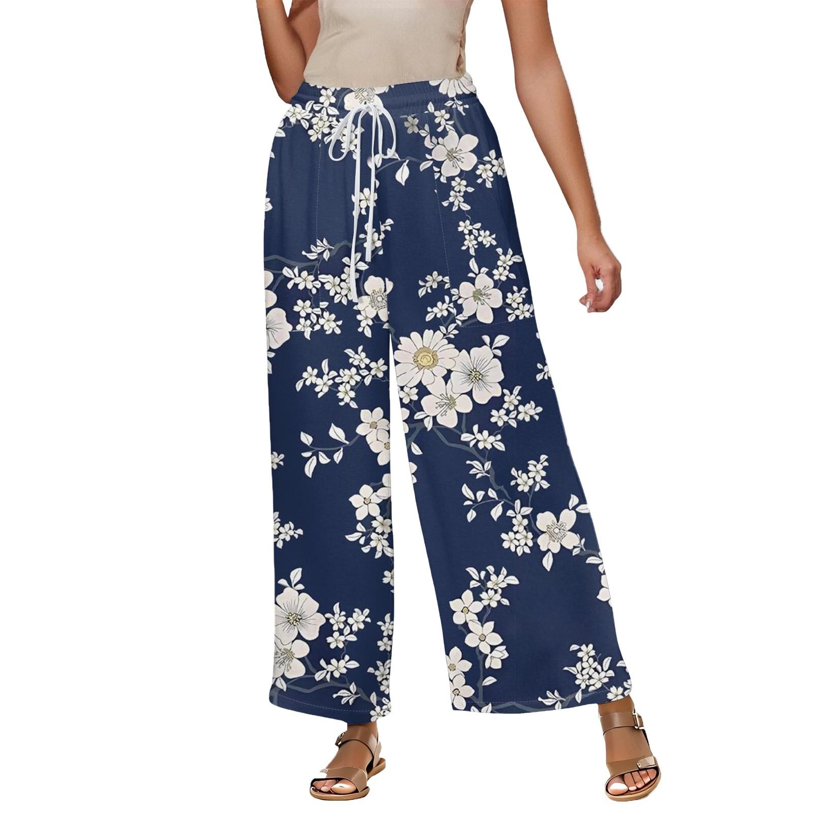 Women s Summer Elastic Waist Floral Print Cotton And Linen Loose Cropped Pants XXL