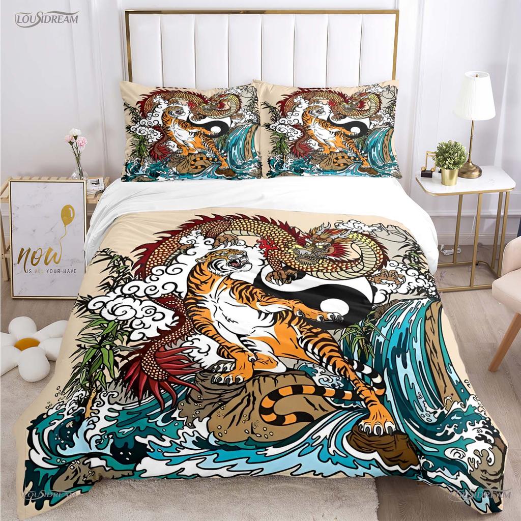 Fashion Dragon and Tiger Battle All Season Duvet Cover Bedding Sets Soft Quilt Cover and Pillowcases Single/Double/Queen/King