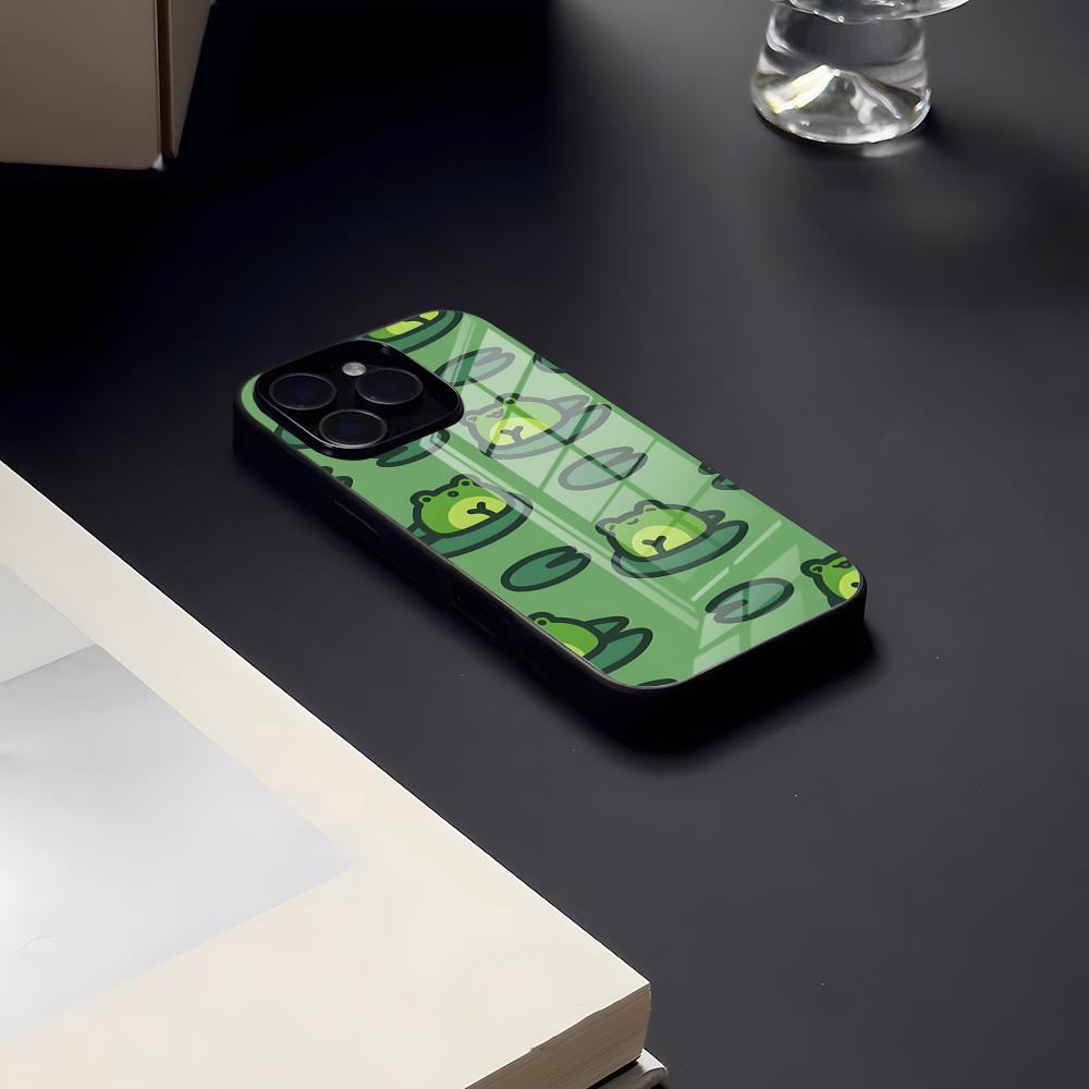 Cute Green Frog Phone Case For IPhone 17 Pro Max 15 Pro 16 14 Plus 12 13 Mini 11 Pro Shockproof Glass Cover