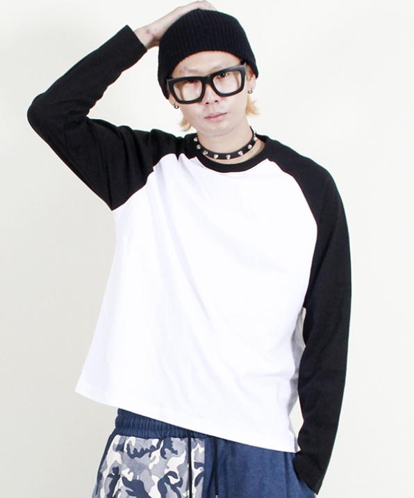 Deumakeu Raglan Color Block Solid Long Sleeve T-Shirt Black & White