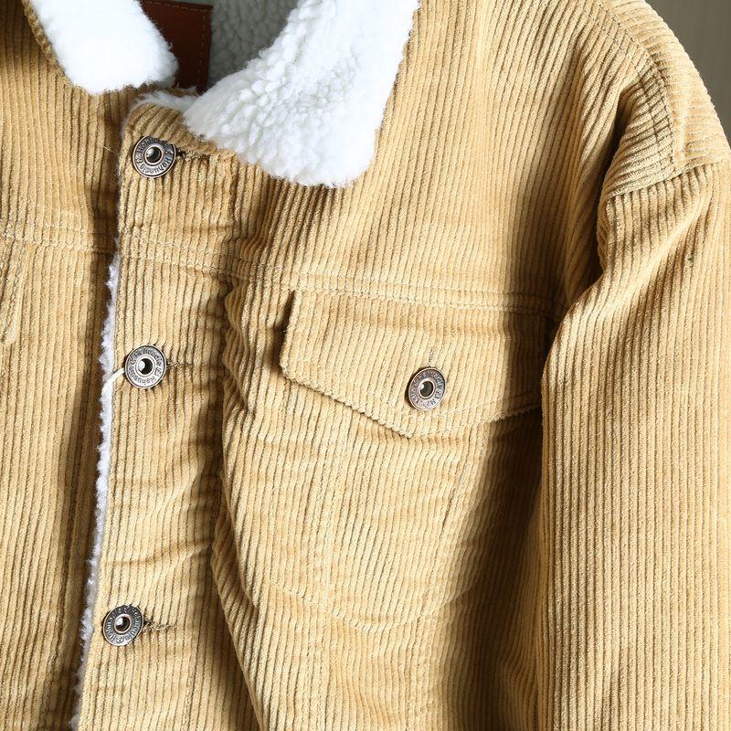 American-Style Retro Corduroy Lambswool Lapel Jacket for Men, Fleece-Lined, Thickened, Warm Workwear Coat, Trendy
