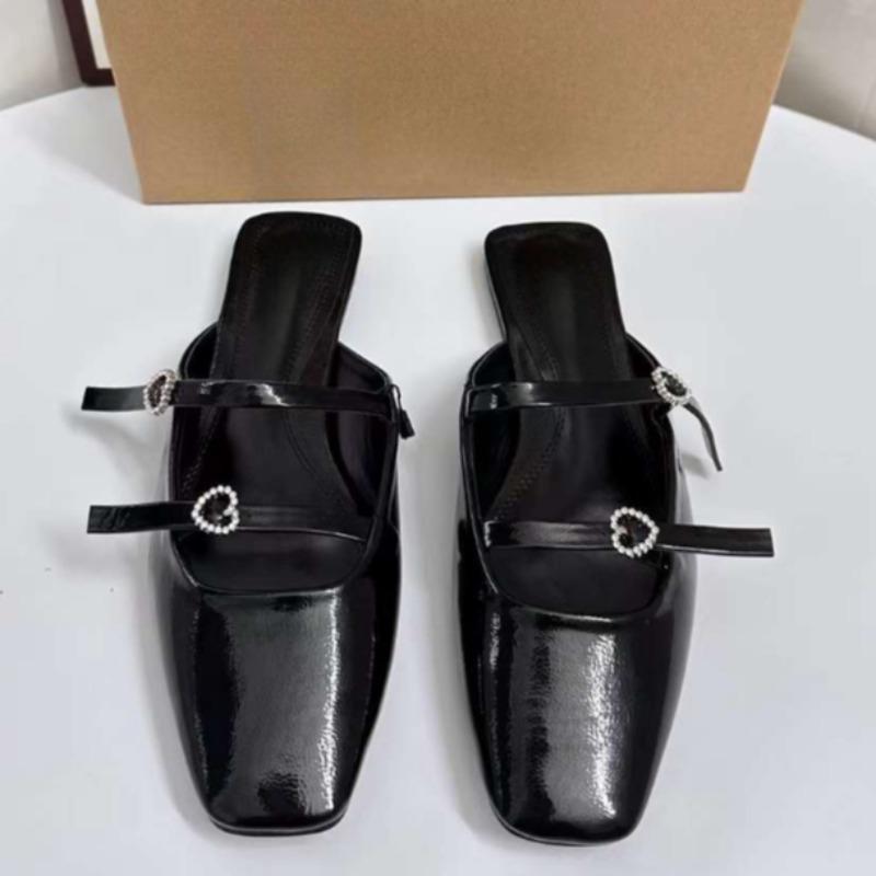 Patent Leather Black Women Flats  Spring Diamond Buckle Strap Big Size Retro Square Toe Luxury  Ladies Mules Shoes
