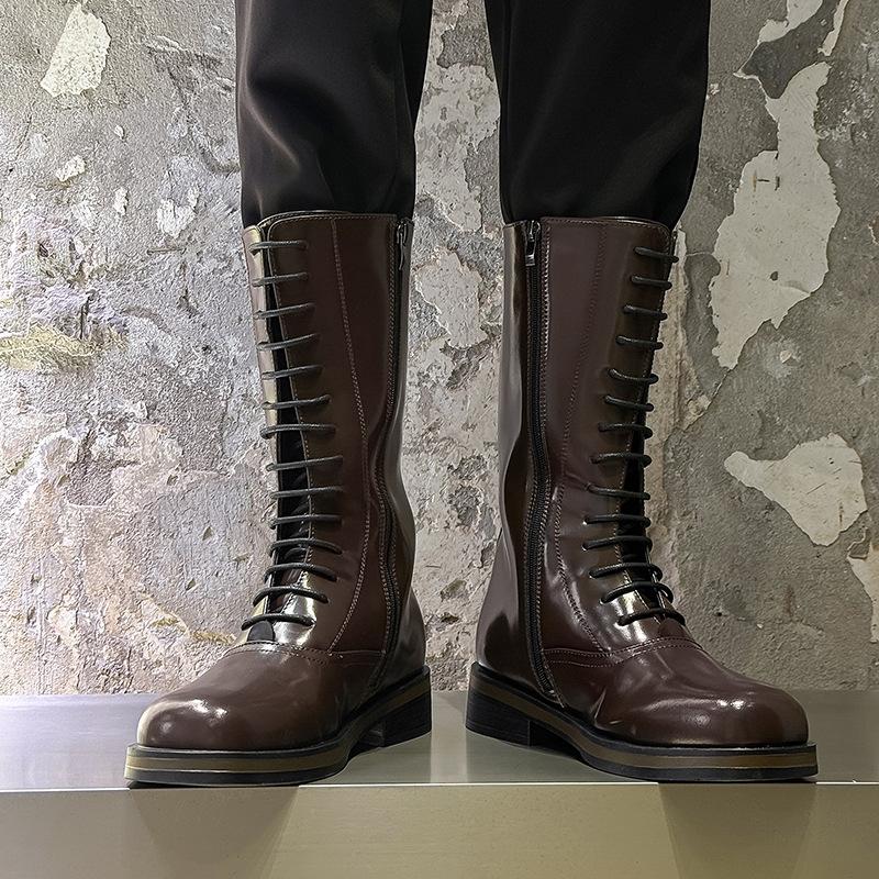 Men Fashion Stage Nigthclub High Knight Boots Lace-up Original Leather Shoes Cowboy Platform Boot Cool Long Motorcycle Botas Man