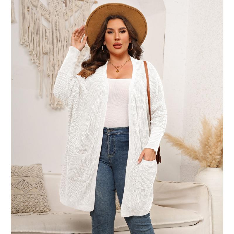

Women s Cardigan Plus Size Women s Clothing Woven Sweater Batwing Sleeve Double Large Pocket Casual Sweater Coat 3XL білий