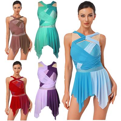 Damen Lyrisches Tanzkleid Strass Colorblock Mesh-Design Raffiniert Gedrehtes Knoten Unregelmäßiger Saum Body