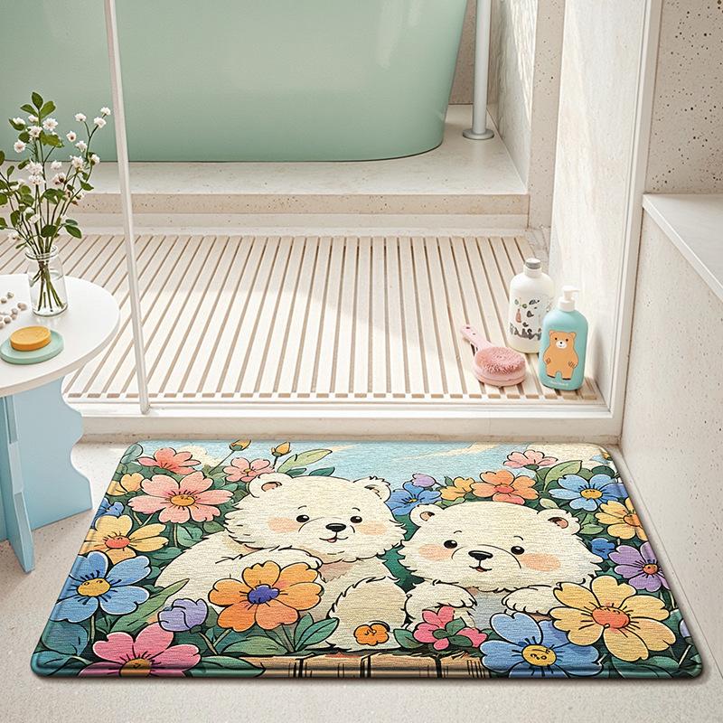 Playful Bear & Rabbit Print Bath Mat - Ultra Soft Sponge Carpet - Fast Absorbing & Quick Dry - Anti-Slip Bathroom Rug Decor 40cm x 60cm