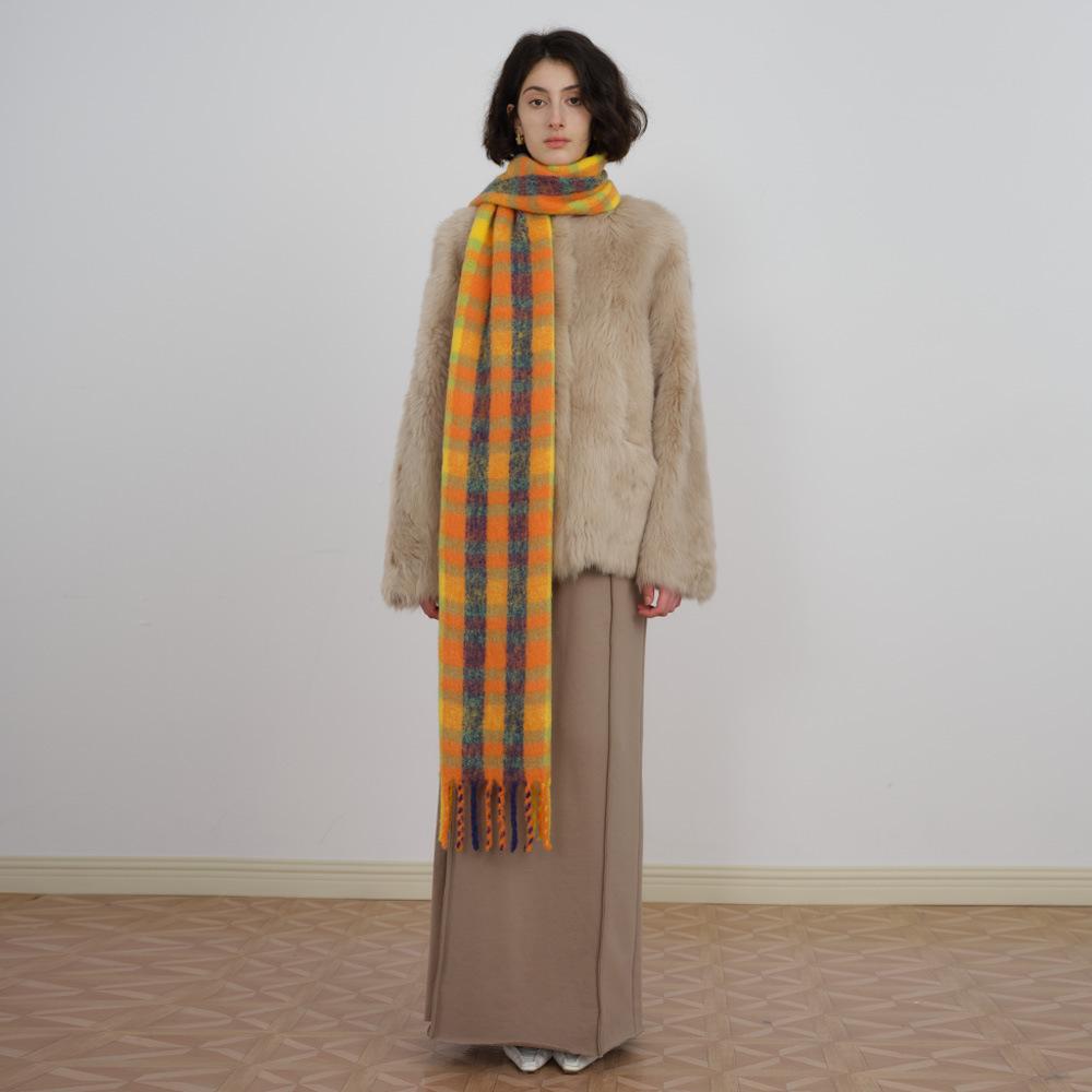 Wool Blended Dopamine Orange Plaid Scarf for Women Autumn and Winter Soft Warm Scarf