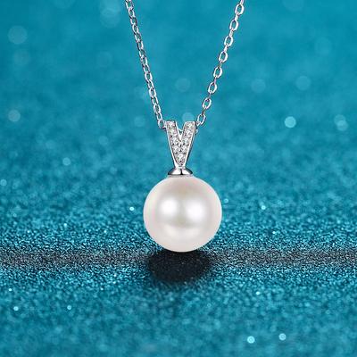 Łańcuszek na szyję ze srebra próby 925 Damski Platerowany Złotem Pt950 Perła Słodkowodna 10mm Minimalistyczny Naszyjnik z Kamieniem Mozang