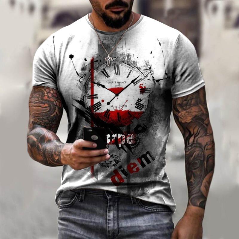 Men's 3D Printed T-Shirt Pocket Watch Compass Pattern Print Short Sleeve O-Neck Pullover Casual Top