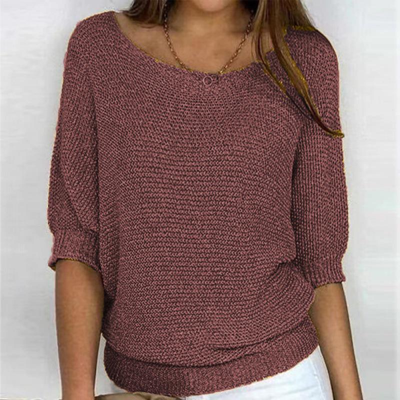 Spring European & American Style Solid Color Round Neck Sweater - Women's Elegant Three-Quarter Sleeve Commuter Top