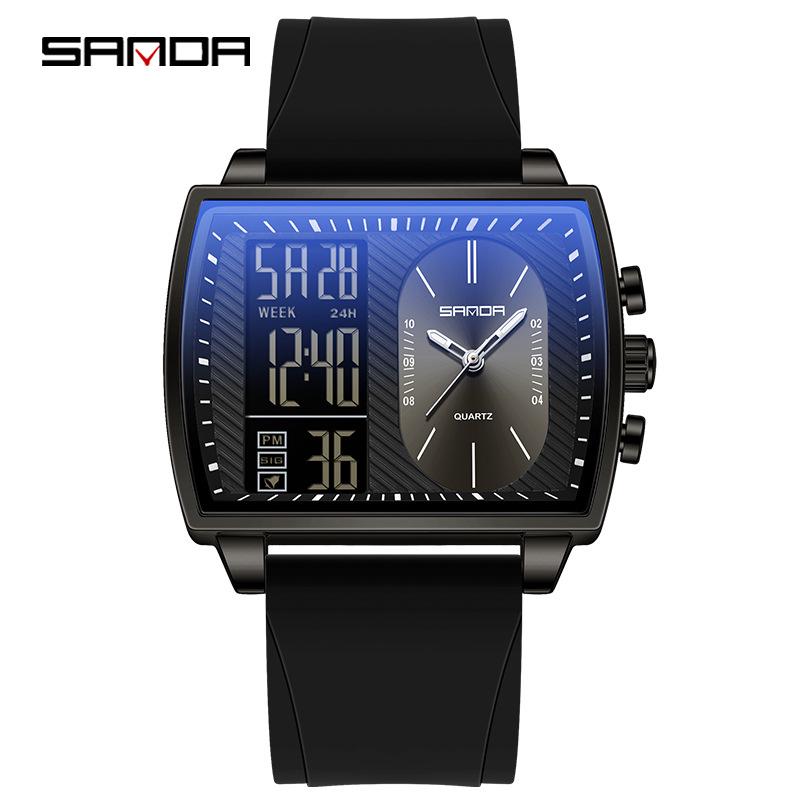 Sanda Men s Waterproof Silicone Sports Watch with Luminous Alarm, Stopwatch, and Quartz Timekeeping.
