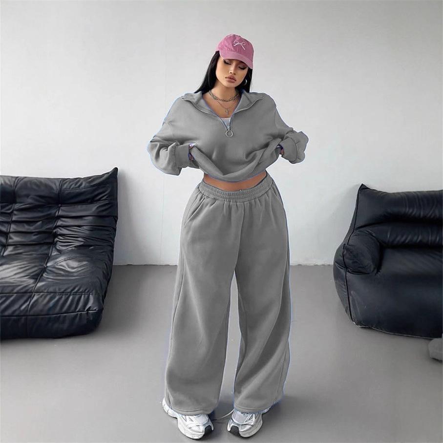 

Женские комплекты больших размеров, свободный повседневный модный пуловер-кардиган с половиной застежки-молнии, брюки, осенне-зимний комплект из двух предметов XXL светло-серый