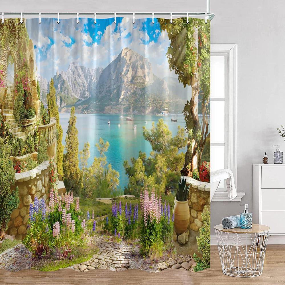 Evropské zahradní sprchové závěsy Pobřežní balkon Mořská krajina Ostrov Barevné květiny Koupelnová dekorace Květinový polyesterový koupelnový závěs